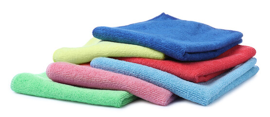 Many colorful microfiber cloths on white background