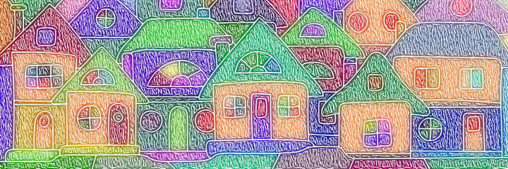 Multicolor drawing of houses. Bright vector banner.