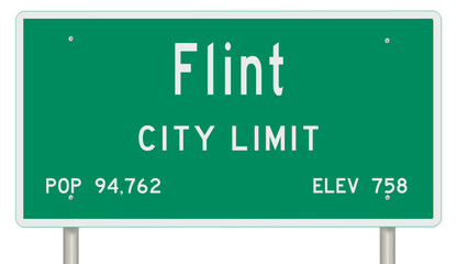 Rendering of a green Michigan highway sign with city information