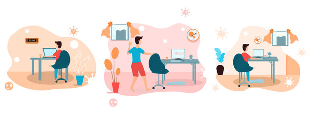 Concept set Lifestyle COVID-19.  Character Man sitting at home working in front of computer due to Covid-19 epidemic situation. Vector flat style, illustration for Work from home, quarantine.