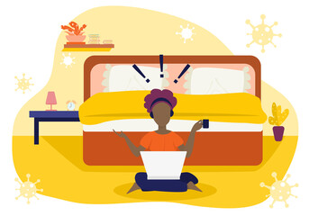 Concept Lifestyle works from home. Character Woman sitting on laptop working in bedroom. Shocked women  after seeing the new COVID-19. Vector flat style. Illustration for Working at home, Corona virus