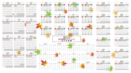 Fototapeta na wymiar Calendar template for year 2022 with maple leaf background collection. Template for planning and create to do list in year 2022. Vector EPS10