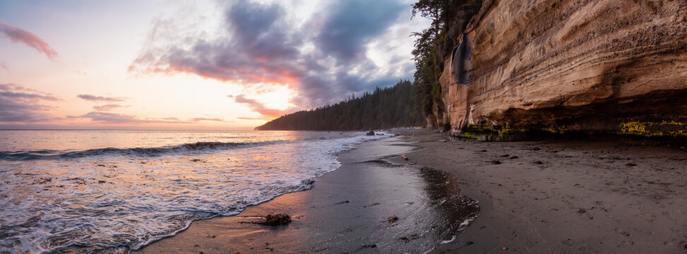 Panoramic View of Mystic Beach on the West Coast of Pacific Ocean. Summer Sunny Sunset. Canadian Nature Landscape Background Panorama. Located near Victoria, Vancouver Island, BC, Canada.