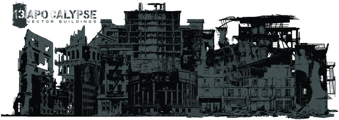 Apocalypse vector buildings in gray illustration  