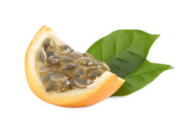 Piece of delicious ripe granadilla with green leaves on white background