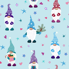Seamless vector illustration with cute Christmas gnomes on a light background.