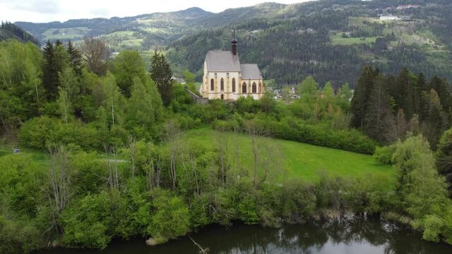 Rural Scenery in the Austrian Alps Aerial (Murau- Leonhardkirche and Leonharditeich)