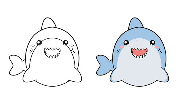 Children's coloring illustration with cute shark cartoon