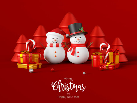 Christmas postcard of Snowman with Christmas presents, 3d illustration