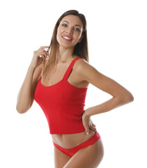 Fototapeta na wymiar Beautiful woman in sexy red panties and top on white background