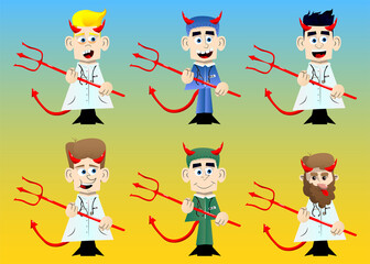 Funny cartoon doctor devil with pitchfork. Vector illustration.