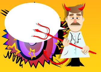 Funny cartoon doctor devil with pitchfork. Vector illustration.