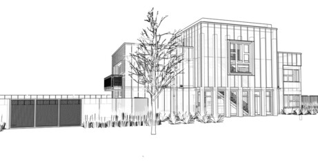 Modern house with garden and garage. 3d rendering.