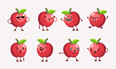 collection of cute apple character mascot illustration with different pose and facial expression