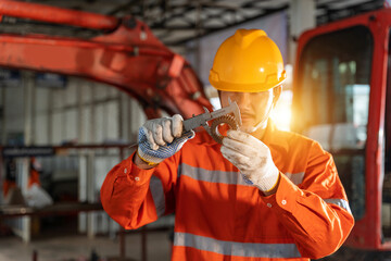 A technician mechanic man use vernier caliper and holding bulldozer sprocket to inspection and...