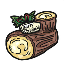 クリスマスに食べるブッシュドノエルのイラスト。白背景にベクターデータ。