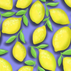 pattern with yellow lemons and green leaves seamless pattern fabric design print wrapping paper digital illustration texture wallpaper watercolor paint
