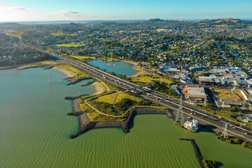 Naklejka premium ニュージーランドのオークランドをドローンで撮影した空撮写真 Aerial photo of Auckland, New Zealand taken by drone.