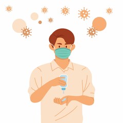 Use hand sanitizer. Young man with face masks use hand sanitizer gel step by step to clean hands and prevent germs, bacteria and virus. flat style vector illustration