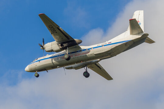 ST. PETERSBURG, RUSSIA - OCTOBER 28, 2020: Aircraft An-26B-100 "Sharya" (RA-26081) of the Kostroma airline flying overhead