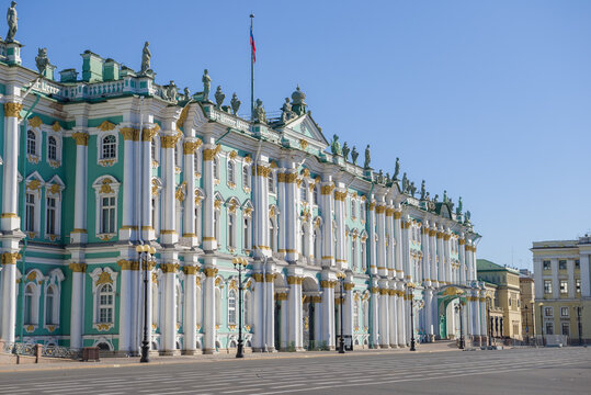 SAINT PETERSBURG, RUSSIA - JULY 17, 2021: Facade of the Winter Palace on a sunny July morning
