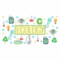 Vector hand-drawn environmental poster featuring a fuel canister, microscope, thermometer, retort, bacteria, light bulb, globe in hands and lettering. The poster is about protecting the environment
