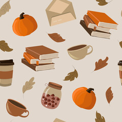 vector seamless cute autumn pattern with pumpkins, foliage, books, cups of coffee and cocoa. cozy pattern for printing on fabric, wrapping paper, wallpaper.