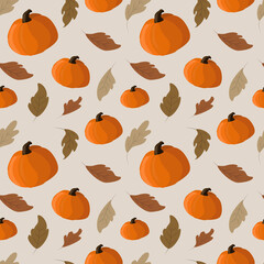 vector seamless cute autumn pattern with pumpkins and foliage. pattern in flat style for printing onto fabric, wrapping paper, wallpaper