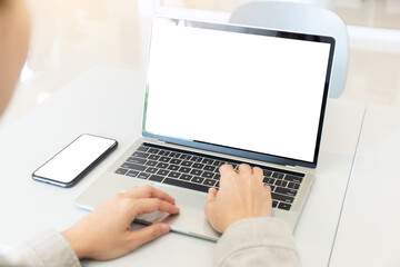 computer screen blank mockup.hand woman work using laptop with white background for advertising,contact business search information on desk at coffee shop.marketing and creative design