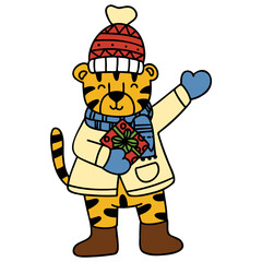christmas tiger flat color illustration for web, wedsite, application, presentation, Graphics design, branding, etc.