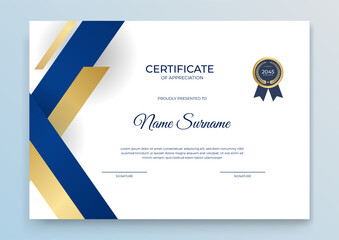 Certificate of appreciation template, gold and blue color. Clean modern certificate with gold badge. Certificate border template with luxury and modern line pattern. Diploma vector template