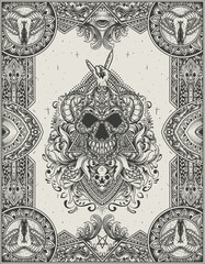 illustration vector skull head with antique engraving ornament style