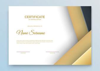 Certificate template. Diploma of modern design or gift certificate. Vector illustration. Elegant black and gold diploma certificate template. Multipurpose certificate of appreciation template