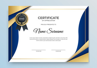 Elegant blue and gold diploma certificate template. Blue and gold Certificate of achievement template set Background with gold badge and border. Award diploma design blank. Vector Illustration