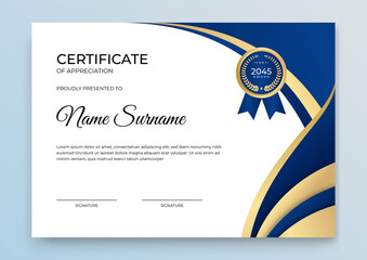 Elegant blue and gold diploma certificate template. Blue and gold Certificate of achievement template set Background with gold badge and border. Award diploma design blank. Vector Illustration - obrazy, fototapety, plakaty