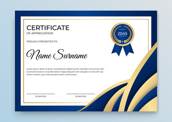 Modern Elegant Certificate of Appreciation Luxury Gold and Blue. Certificate of appreciation template, gold and blue color. Clean modern certificate. Use for print, certificate, diploma, graduation.