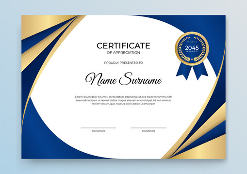 Elegant blue and gold diploma certificate template. Blue and gold Certificate of achievement template set Background with gold badge and border. Award diploma design blank. Vector Illustration