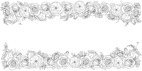 薔薇とトルコキキョウとジャスミンのフレーム_線画