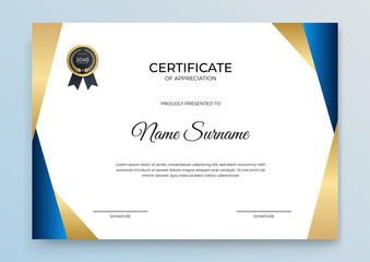 Modern blue certificate template. Premium gold and blue certificate of appreciation template, clean modern design with gold badge. Golden color Certificate Award Design Template. Clean modern award