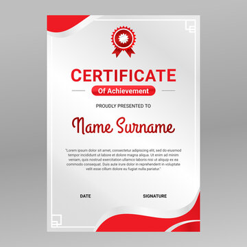 Red and white Portrait certificate vector template. Perfect for excellence, achievement, appreciation, completion. Graduation Certificate Border print template.
