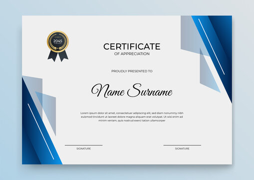 Modern blue certificate template. Premium gold and blue certificate of appreciation template, clean modern design with gold badge. Golden color Certificate Award Design Template. Clean modern award