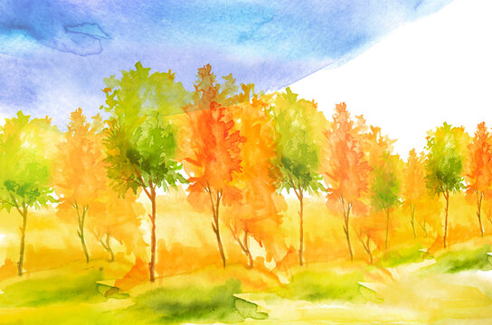 Watercolor autumn trees of yellow, red, orange color. Autumn forest,hill, blue sky. Watercolor art background.Beautiful splash of paint. Abstract creative background.