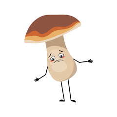 Cute mushroom character with sad emotions, depressed face, down eyes, arms and legs. A funny healthy wholesome food, forest plant
