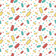 Fototapeta na wymiar Bright seamless pattern with sweets and confetti pieces of paper. Festive print for holiday, birthday, new year and design