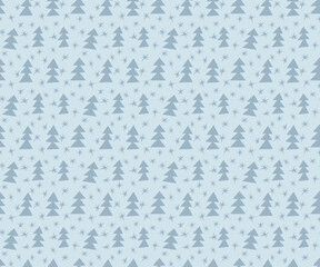 Seamless pattern with blue christmas tree and stars on light blue background. Minimalistic design, nuansed color solution. Suitable for wrapping paper, gift bags and festive decor. Vector illustration