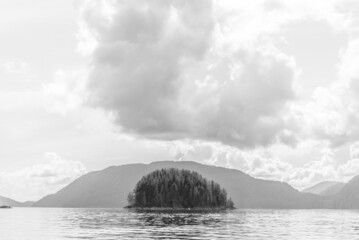 Silhouetted Island at Knight Inlet, British Columbia, Canada - Black and White