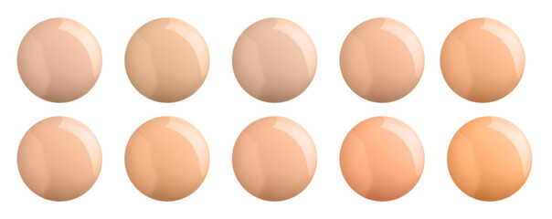 Set with different shades of liquid skin foundation on white background, top view. Banner design