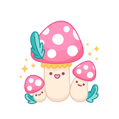 Cute family of mushrooms with pink cape and spots. Amanita or fly agaric isolated on white background. Vector illustration in cartoon style