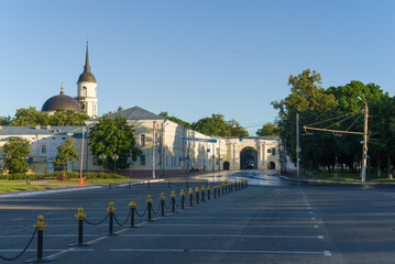 Sunny cloudless morning on the Stary Torg square. Kaluga