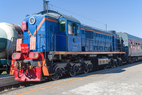 VELIKIE LUKI, RUSSIA - JULY 04, 2021: Soviet / Russian shunting diesel locomotive TEM2-7617 close-up on a sunny summer day. Velikiye Luki station